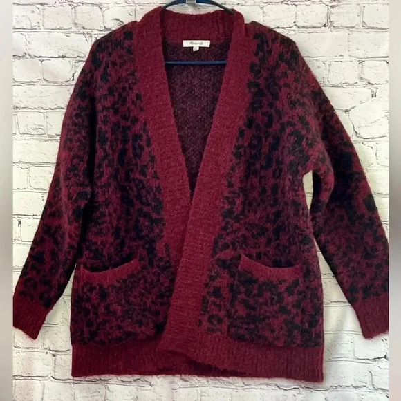 Madewell Alpaca Merino Wool Burgundy Animal Print Open Front Cardigan Oversized - Picture 2 of 6
